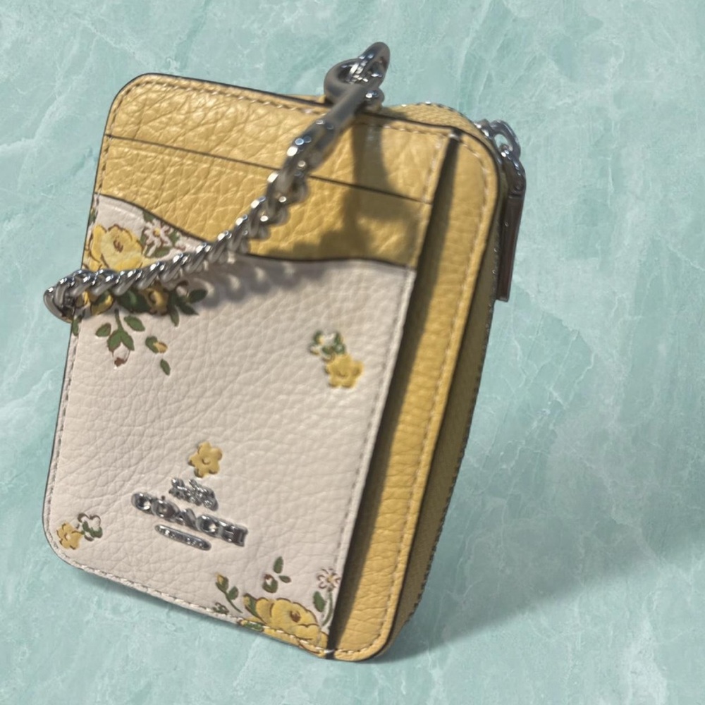 Coach Yellow and Cream Floral zip card case wallet
